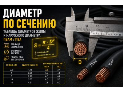 Диаметр провода по сечению (мм²): таблица диаметров жилы и наружного диаметра (ПВАМ/ПВА) + формулы